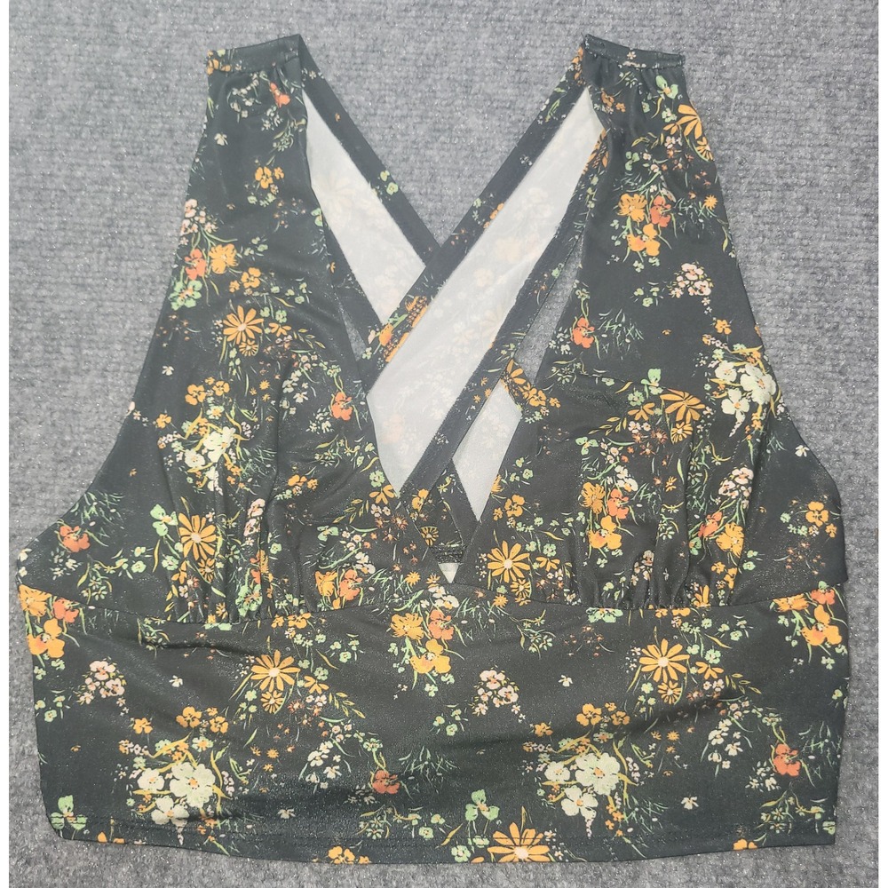 Floral V-Neck Cross Back Tie Back Crop Top Black Orange Yellow Print